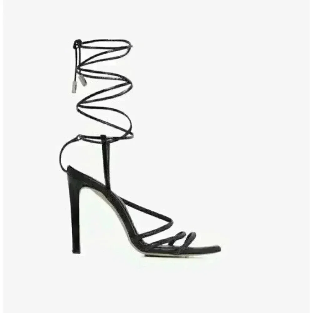 IRO PARIS IDO High Black Strass Leather Sandal Heels Rhinestones Lace Up Sz 37/7
